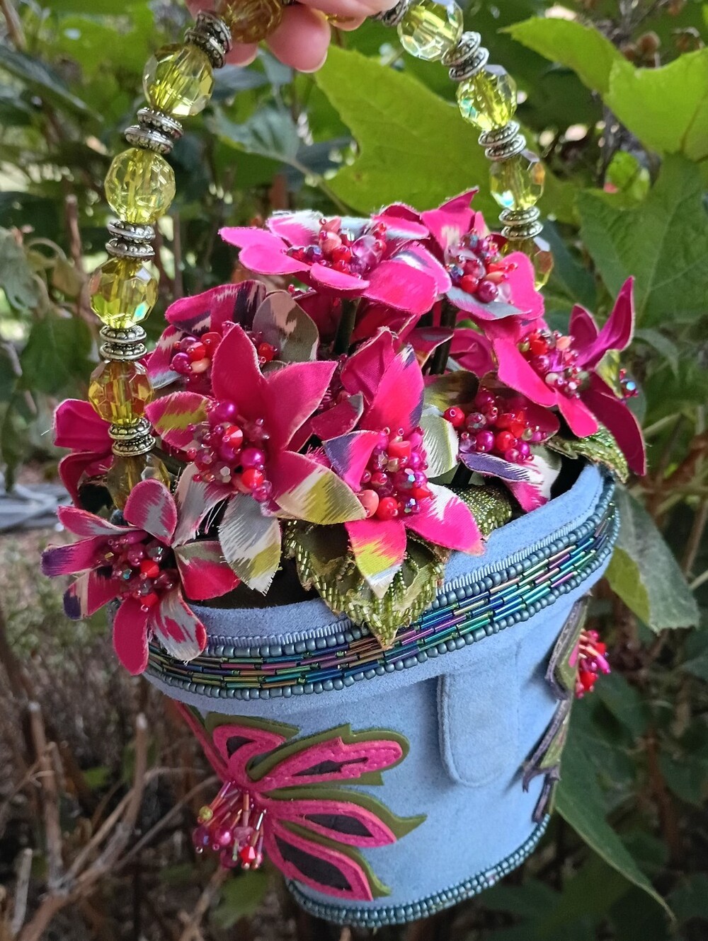 Rare Mary Frances Blue Pink Green Flower Pot Beaded Floral Bucket Bag
